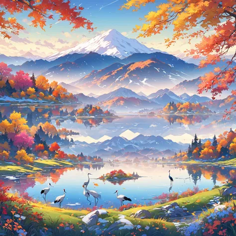 Animated, exquisitely detailed, colors are bright and deep, pastel and dramatic, bright and colorful background. A breathtaking morning. Looking out over a tranquil flower field. Vibrant wildflowers bloom in the foreground, and snow-capped mountains can be...