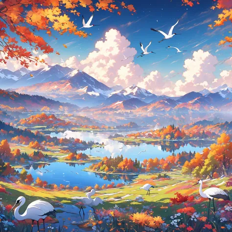 Animated, exquisitely detailed, colors are bright and deep, pastel and dramatic, bright and colorful background. A breathtaking morning. Looking out over a tranquil flower field. Vibrant wildflowers bloom in the foreground, and snow-capped mountains can be...