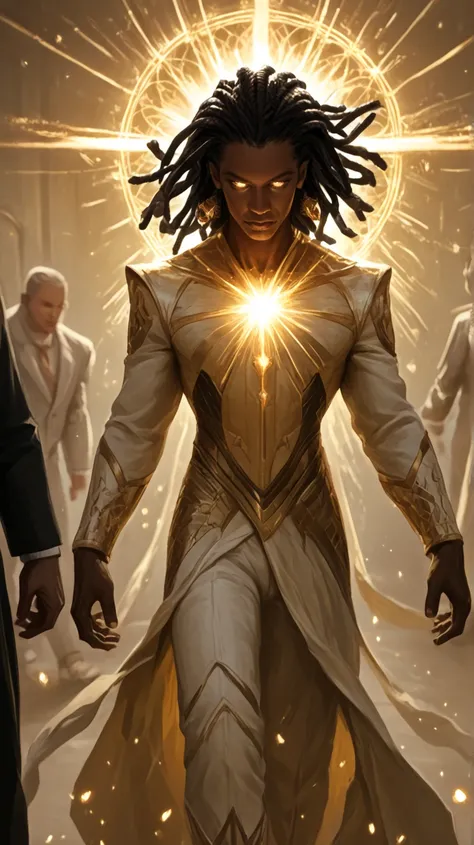 A faceless man with radiant star skin and dreadlocks wearing a suit with geometric patterns, his arms out starch hand poms open, walking forward through a uenvers, cinematic glowing long dread lock hair, glowing face