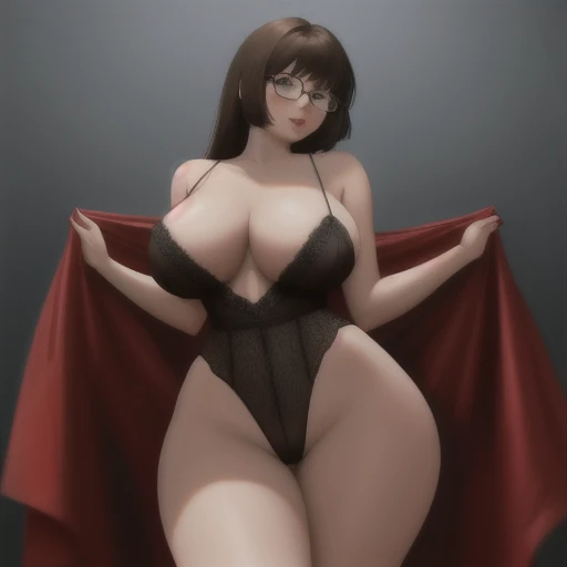 score_9, score_8_up, score_7_up, score_6_up, aroused full-figured hooker Velma Dinkley wearing a flirty lace negligee, amorous, libidinous, curvaceous, voluptuous, matronly oppai proportions, fair skin, giant sagging bosom, narrow waist, wide hips, thunder...