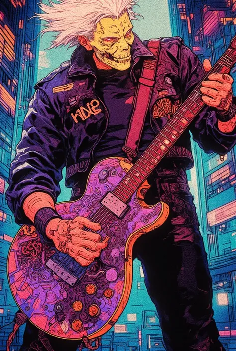 A rock guitarist with a futuristic appearance and cyberpunk style, having a glowing skull face with glowing red eyes. He wore a black leather jacket with neon writing and black punk-style pants. His hair was wild and standing on end, reflecting the explosi...