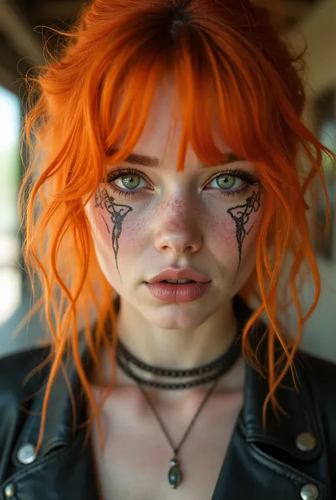 Create me a beautiful young blonde with grunch makeup ORANGE Hair, TANNED SKIN, TATTOO ON THE FACE