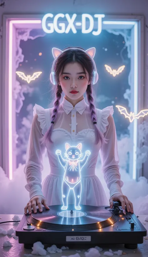 Full Color, (transparency:2.0), Girl's body faces the audience ,She wears light-emitting headphones🎧, wearing a maid costume on the bench,The background wall has a glowing aperture,Close shot,
rest Ultra-realism, Detailed Realistic Skin Textures , det...