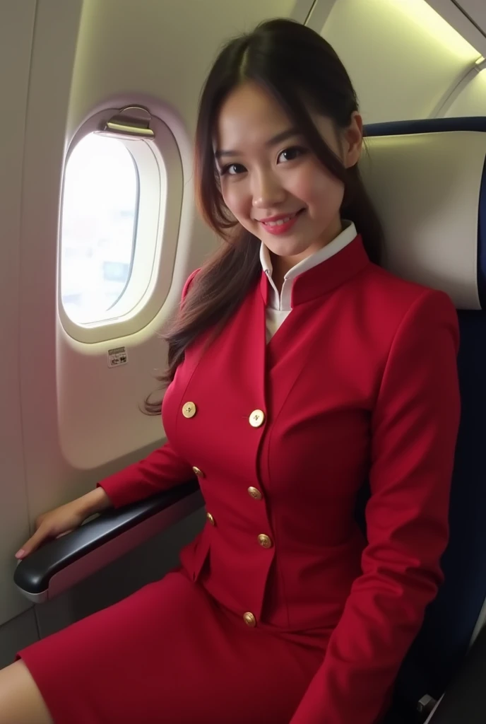 Taken in a red uniform ､8k､  TOP QUALITY､  stewardess､whole bodyポートレート､smile　､  big breasted ､  Japanese､ airplane ､ (The uniform button is off)､ on a Kousaku ､whole body､(つま先までのwhole body像)､