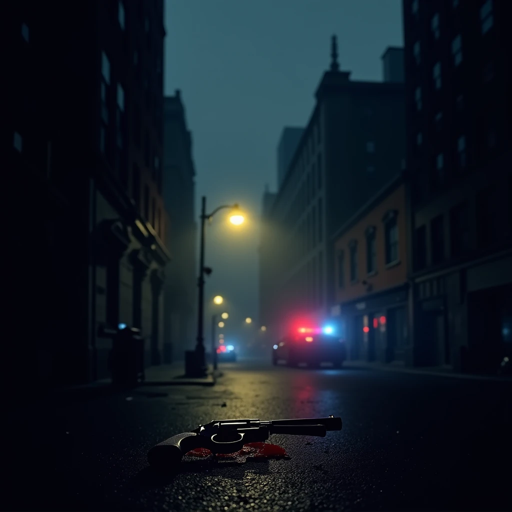 A dark, intense crime thriller background image featuring silent city streets at night, lightly covered in mist. In the distance, red and blue police lights flash faintly. Mysterious shadows lurk around, with an abandoned revolver lying next to blood stain...