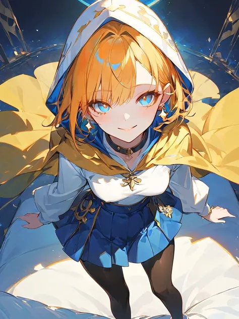 （（ 1 Girl ））, Smile, （Single）、 High Resolution,  Ultra HD,  very detailed, short hair, Light orange hair、(( small boobs））, 環狀 Earrings,  Earrings,  blue eyes,  collar、（（Pure white hooded sweatshirt ））、（Wear a hood）、 Blue Skirt、（（ black pantyhose ））、{{ blac...