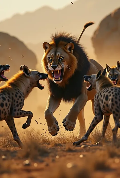 3 hyena fighting 1 lion