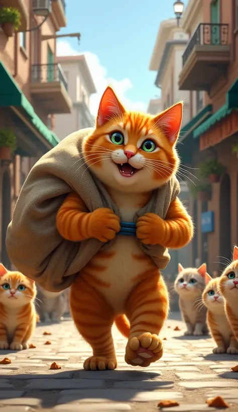 A hardworking orange cat dragging a heavy sack of food through the streets, while wealthier cats look on, surprised by his strength.