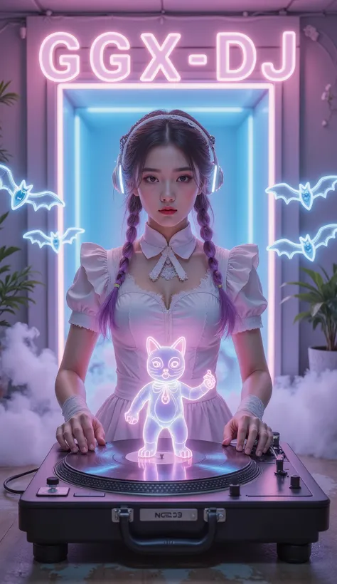 Full Color, (transparency:2.0), Girl's body faces the audience ,She wears light-emitting headphones🎧, wearing a maid costume on the bench,The background wall has a glowing aperture,Close shot,
rest Ultra-realism, Detailed Realistic Skin Textures , det...
