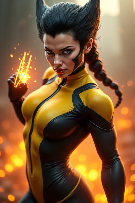 Furry, Marvel, female vulverine, sexy, yellow black jumpsuit, Sound from fingers, Fighting Pose, UHD, masterpiece,  best quality , 8k 