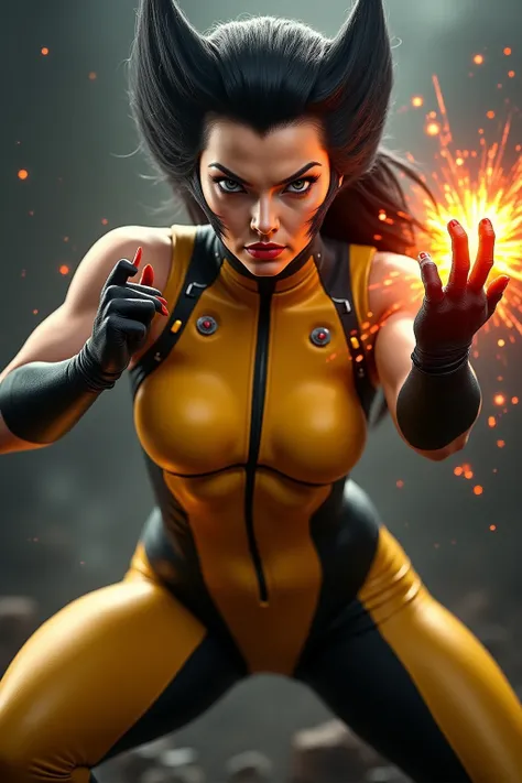 Furry, Marvel, female vulverine, sexy, yellow black jumpsuit, Sound from fingers, Fighting Pose, UHD, masterpiece,  best quality , 8k 