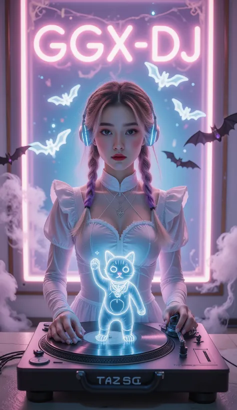 Full Color, (transparency:2.0), Girl's body faces the audience ,She wears light-emitting headphones🎧, wearing a maid costume on the bench,The background wall has a glowing aperture,Close shot,
rest Ultra-realism, Detailed Realistic Skin Textures , det...