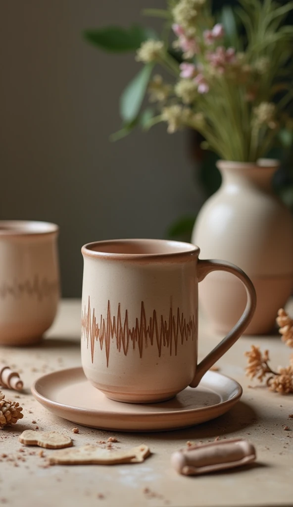 A beautifully handcrafted pottery mug with a unique visual soundwave design etched onto its surface, symbolizing the voice-embedded personalization offered by Echo Clay. The mug sits on a workbench surrounded by tools and pottery materials, showcasing the ...