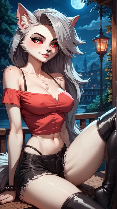 Perfect eyes,  perfectly sexy face ,  extremely detailed,  looking at the spectator,  red eyes, loona, hazbin hotel,  wide hips , animal ear,  animal ears ,  animal nose, tail, shorts brancos,  short shorts , thigh boots, short top, apenas_shoulder, Fantas...