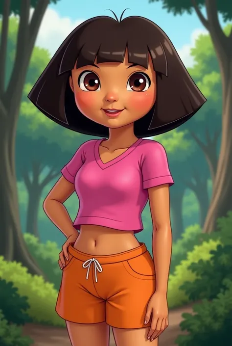 Dora the Young Explorer, sexy, hot,  big boobs,  ass, vista frontal, Pink crop top, Underboob orange shorts ,  thick thighs,  abs,  Étudiants détaillés ,  perfect face, beautiful, beautiful, innocent, latina,  realistic,  cut bob breasts,  black hair,  ful...