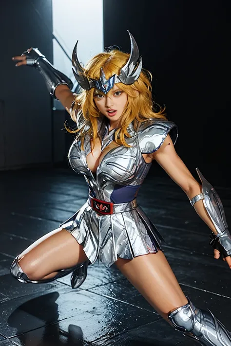 In the martial arts arena of the Colosseum in Greece、Martial Arts Tournaments、Saint Seiya、Beautiful One Girl、huge-breasted、cleavage of the breast、beauty legs、(((Wearing metallic glowing futuristic combat armor)))、((Metal Armor))、((Scream))、((exclamation))、...