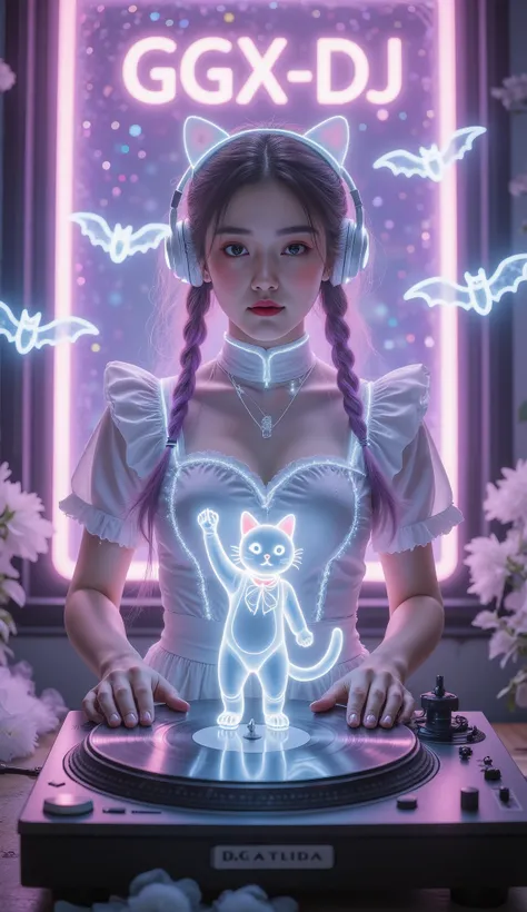 Full Color, (transparency:2.0), Girl's body faces the audience ,She wears light-emitting headphones🎧, wearing a maid costume on the bench,The background wall has a glowing aperture,Close shot,
rest Ultra-realism, Detailed Realistic Skin Textures , det...