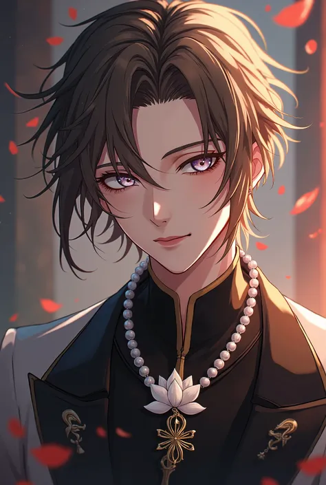 Create Kny  ( Demon Slayer)  male character with pearly eyes ,  semi-long hazel hair ,  hunter uniform with accessory such as pearl necklace and lotus flower pendant