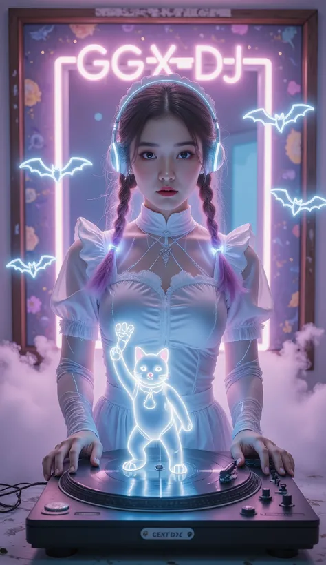 Full Color, (transparency:2.0), Girl's body faces the audience ,She wears light-emitting headphones🎧, wearing a maid costume on the bench,The background wall has a glowing aperture,Close shot,
rest Ultra-realism, Detailed Realistic Skin Textures , det...