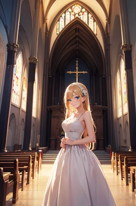 Church at night, adult woman,  alone,  sexy, 8k resolution,(( top quality)),  ultra high resolution, (A gentle smile), ( blue eyes),  beautiful symmetrical face  , ( long golden hair ), church dress ,Sister&#39;s Uniform, LONG GLOVES,Face Veil, stockings, ...