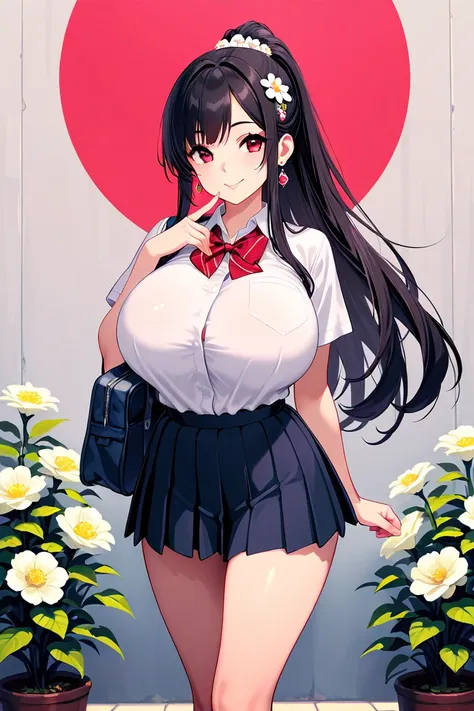 8k,masterpiece, best quality, ultra detailed, high resolution, super fine illustration, 1girl, solo, smile,red eyes, black hair,long hair,sidelocks, ponytail,huge breasts, school uniform, pleated skirt,hair ornament, flower ornament, earrings, finger to ow...