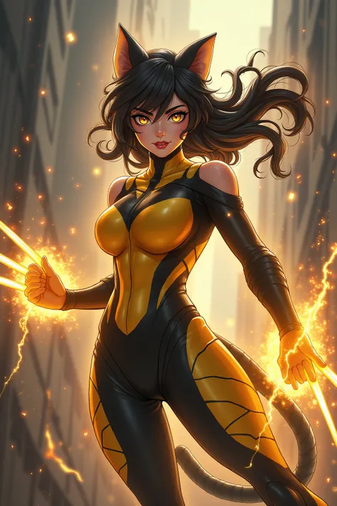 Furry, Anime-Series, Marvel, female vulverine, sexy, yellow black jumpsuit, Sound from fingers, Fighting Pose, UHD, masterpiece,  best quality , 8k 