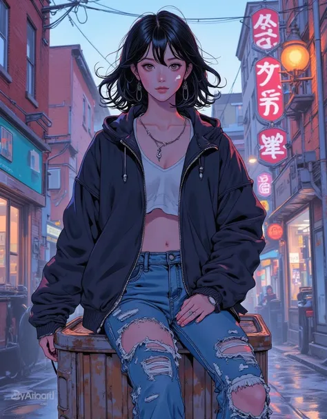 Beautiful girl with wavy short hair, black jacket, ripped jeans, cute, sitting on the trash can, anime