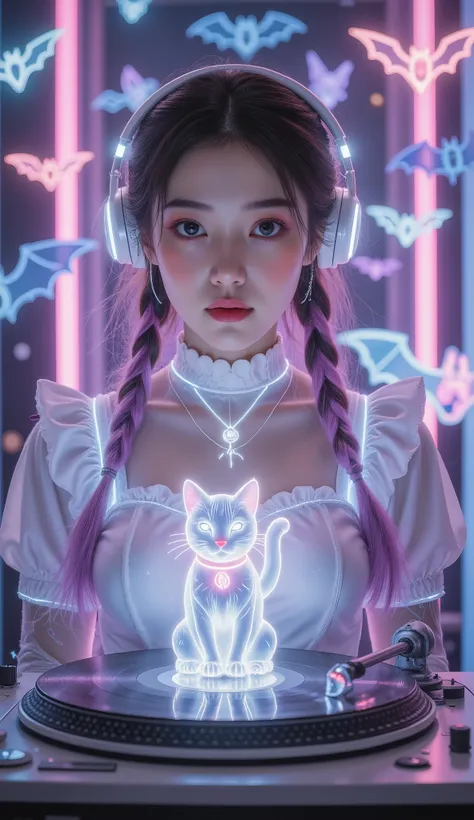 Full Color, (transparency:2.0), Girl's body faces the audience ,She wears light-emitting headphones🎧,穿着女仆装
rest Ultra-realism, Detailed Realistic Skin Textures , detailed intricate textures , Details and Intricate Brushstrokes , Clear details dep...