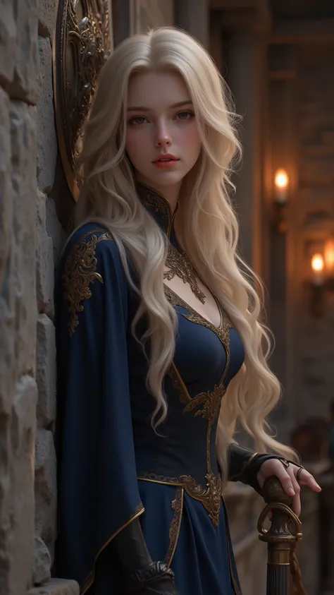  realistic， Height Detailed Beautiful Woman's Head ， Long blonde hair ，she的臉清晰可見，（ On a Body Fully Fixed in Navy Blue Dress：3） blue and gold trim ，she（face camera：3），she的臉和眼睛， neck normal ， Hands Correctly Formed With Only 4 Fingers and Thumbs （ Neon Outli...