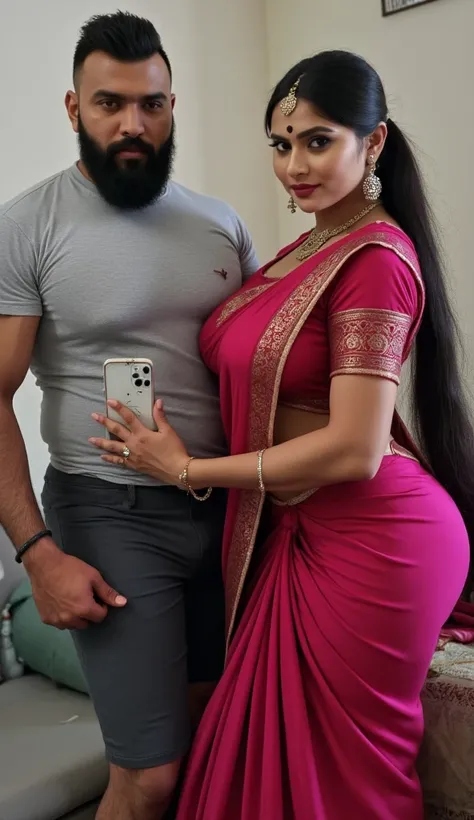 White skin woman with a dark skin man, hot short indian white skin thick body curvy physique woman with small black dot bindhi between her eyebrow, long black hair, woman wearing saree, in indian bedroom, ultra hd photo, 4k picture, perfect view, woman sta...