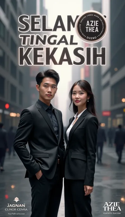 Create a sleek and captivating promotional banner featuring a young Korean couple dressed in sharp suits, exuding confidence, determination, and leadership. The dominant colors are dark silver and white, replacing any previous hues, to create a clean and p...