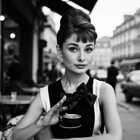 A young sexy Audrey Hepburn elegantly dressed, sitting outside at a french cafe, sipping on an espresso, (sexy smile:1.5), black and white photograph from the sixties, 1girl, old photograph, high-quality analog photograph, using a kodak portra with a wide ...