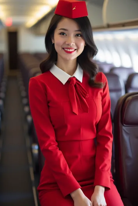   shot while wearing red uniform  ､8k､   TOP QUALITY､   stewardess､whole bodyポートレート､smile　､  Big Breasts ､   Japanese､  airplane  ､ ( I have a uniform )､ The   ､whole body､(つま先までのwhole body像)､