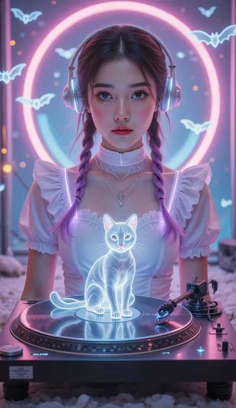 Full Color, (transparency:2.0), Girl's body faces the audience ,She wears light-emitting headphones🎧,穿着女仆装
rest Ultra-realism, Detailed Realistic Skin Textures , detailed intricate textures , Details and Intricate Brushstrokes , Clear details dep...