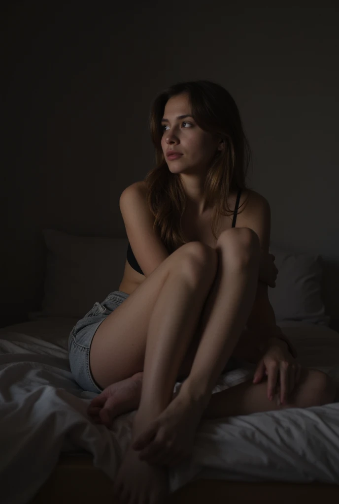 A 15-year-old European girl, In gray denim shorts ,  black bra ,  sitting on the bedroom bed , showing thighs and feet ,  photo taken by cell phone camera,  dark lighting.