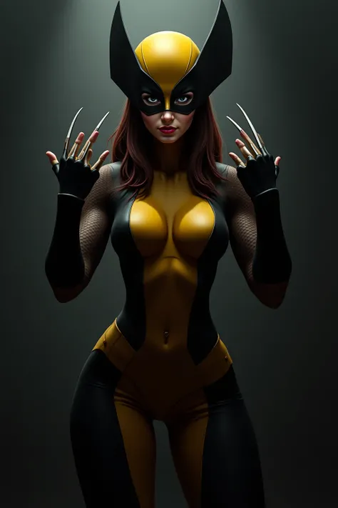 Furry, Anime-Series, Marvel, female vulverine, sexy, yellow black jumpsuit, Sound from fingers, Fighting Pose,  Gloomy atmosphere, victorious ,  super realistic details , UHD, masterpiece,  best quality , 8k 