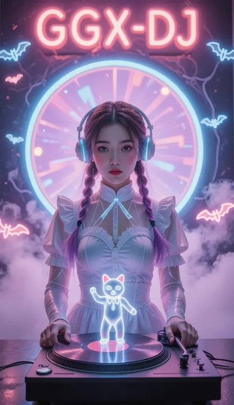 Full Color, (transparency:2.0), Girl's body faces the audience ,She wears light-emitting headphones🎧, wearing a maid costume on the bench,The background wall has a glowing aperture,Close shot,
rest Ultra-realism, Detailed Realistic Skin Textures , det...