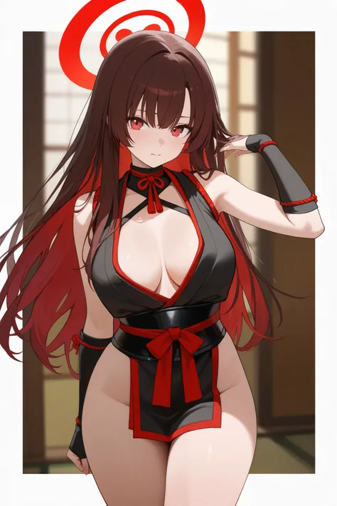 1 girl, Hair length reaches the back, Brown hair and red hair on the edges of the hair, red eyes, but not bright, wear a sexy samurai outfit, หน้าอกไซส์ปานกลาง, have a red halo