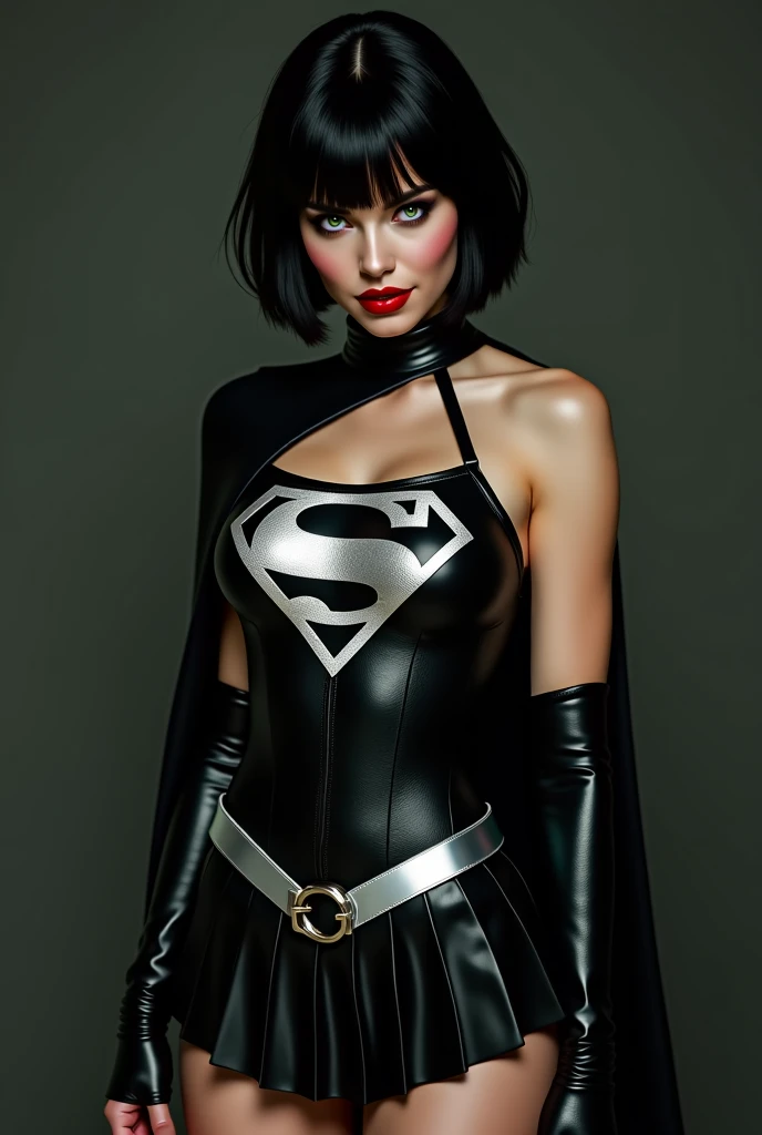 A SEXY, LOW-CUT WOMAN WITH SHORT BLACK HAIR  , dreamy green eyes ,  WEARING A ONE-PIECE BLACK SUPERGIRL TOP WITH A LARGE SHINY SILVER ORNAMENT "S" emblem on her chest,  SHINY SILVER A SHORT PLEATED BLACK SKIRT WITH A SILVER LEATHER BELT , LONG BLACK BOOTS ...