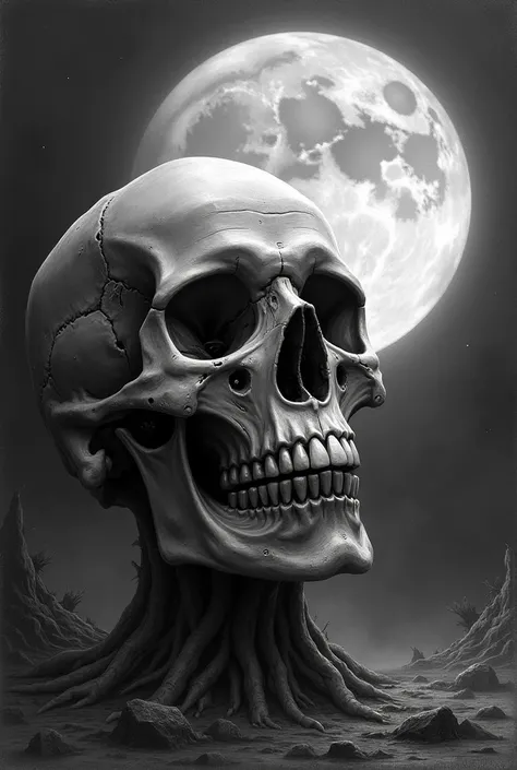 Realistic drawing with skull and moon in the background