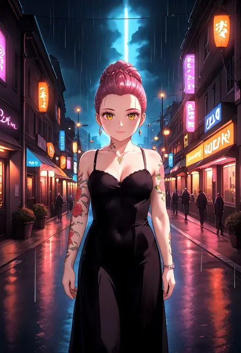 A beautiful female yakuza member, intricate tattoos covering her body, intense gaze, dramatic lighting, cinematic composition, hyper-realistic, digital painting, sharp focus, high contrast, moody color palette, neon lighting, rain-slicked city streets, det...