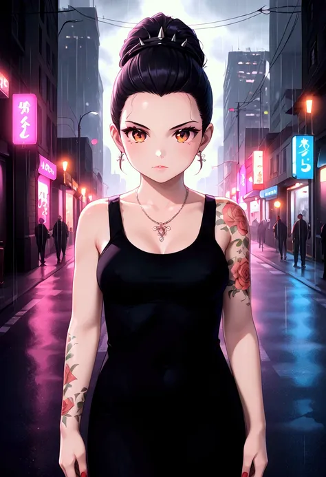 A beautiful female yakuza member, intricate tattoos covering her body, intense gaze, dramatic lighting, cinematic composition, hyper-realistic, digital painting, sharp focus, high contrast, moody color palette, neon lighting, rain-slicked city streets, det...