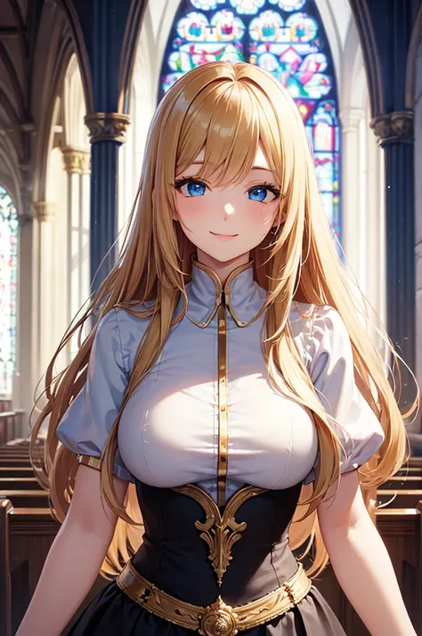  adult woman,  alone,  sexy, 8k resolution,(( top quality)),  ultra high resolution, (A gentle smile), ( blue eyes),  beautiful symmetrical face  , ( long golden hair ), church dress ,Sister&#39;s Uniform, LONG GLOVES,Face Veil, stockings, by Nomi:1.4,( Ma...