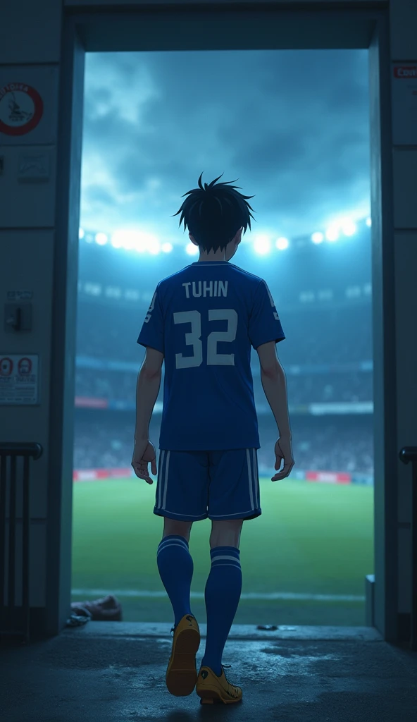 A 18  years Anime guy name Tuhin . Wearing a blue colour joursey.  His name written on it his jersey number is 32 . He is heading to the stadium's light entence .  The the background giving  dark intense cinematic tone