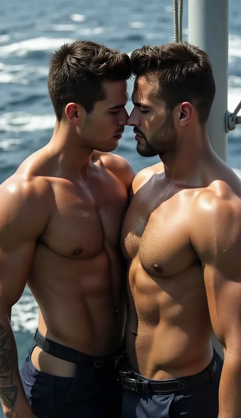 hyper-realistic,  Super Fine,  Cinema Lights ,  Beautiful Calf Hair !!!！,german male " Ultra Realistic,  Ultra Realistic, k, jhandsome, man, silverjow,GQ. Two handsome navy soldiers, one in his crisp navy uniforms, another is shirtless, on the deck of a wa...