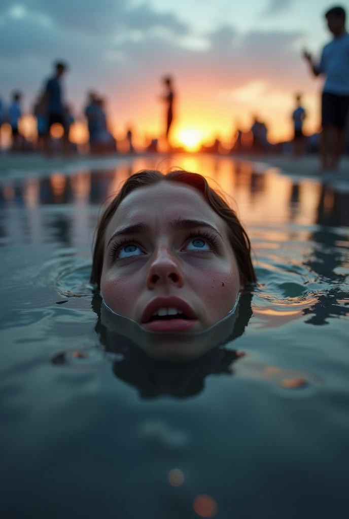  A person submerged in water up to the nose ,  are seen with open eyes and an expression of anguish ,  representing the feeling of emotional suffocation . around,  a blurred crowd walks without noticing their presence ,  symbolizing the indifference of soc...