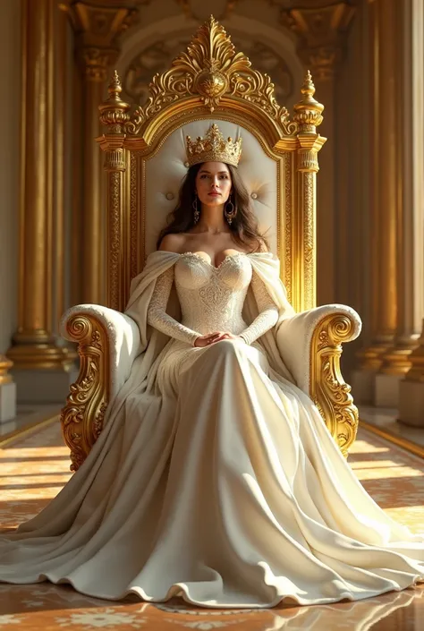 Queen ,white grown ,crown ,throne ,golden palace sitting 