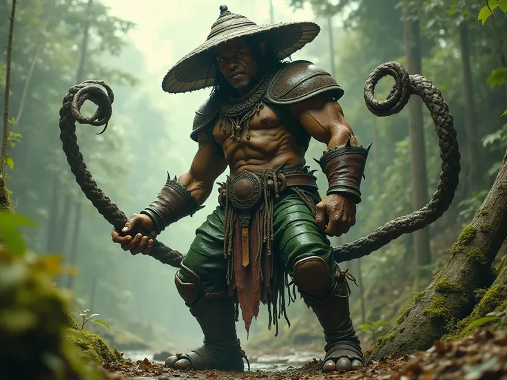 Colombian mythological character,****** man ,with big hands and giant feet ,He wears a giant hat that covers his head and half of his body., wears green armored snake leather pants ,His weapon is a whip made of human skins