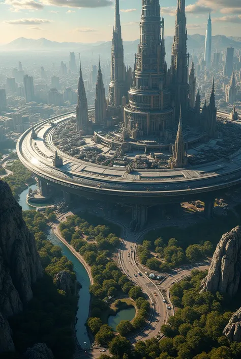 A spaceship the size of Manhattan that contains buildings, squares and parks and that is circular or disk-shaped