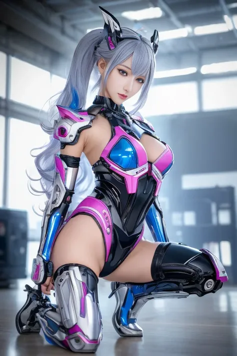 Jay super details, High Detail, high quality, best quality, High resolution，1 female robot，beautiful female machine,beautiful clear face(Rain waves_ haneame：1.5), looking at the audience, skin tightening clear vinyl, Long blue hair, Gray eyes, pale skin, s...